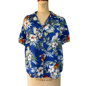 Sarah Bentley Women's Hawaiian Parrot Shirt Blouse Blue Tropical Floral M